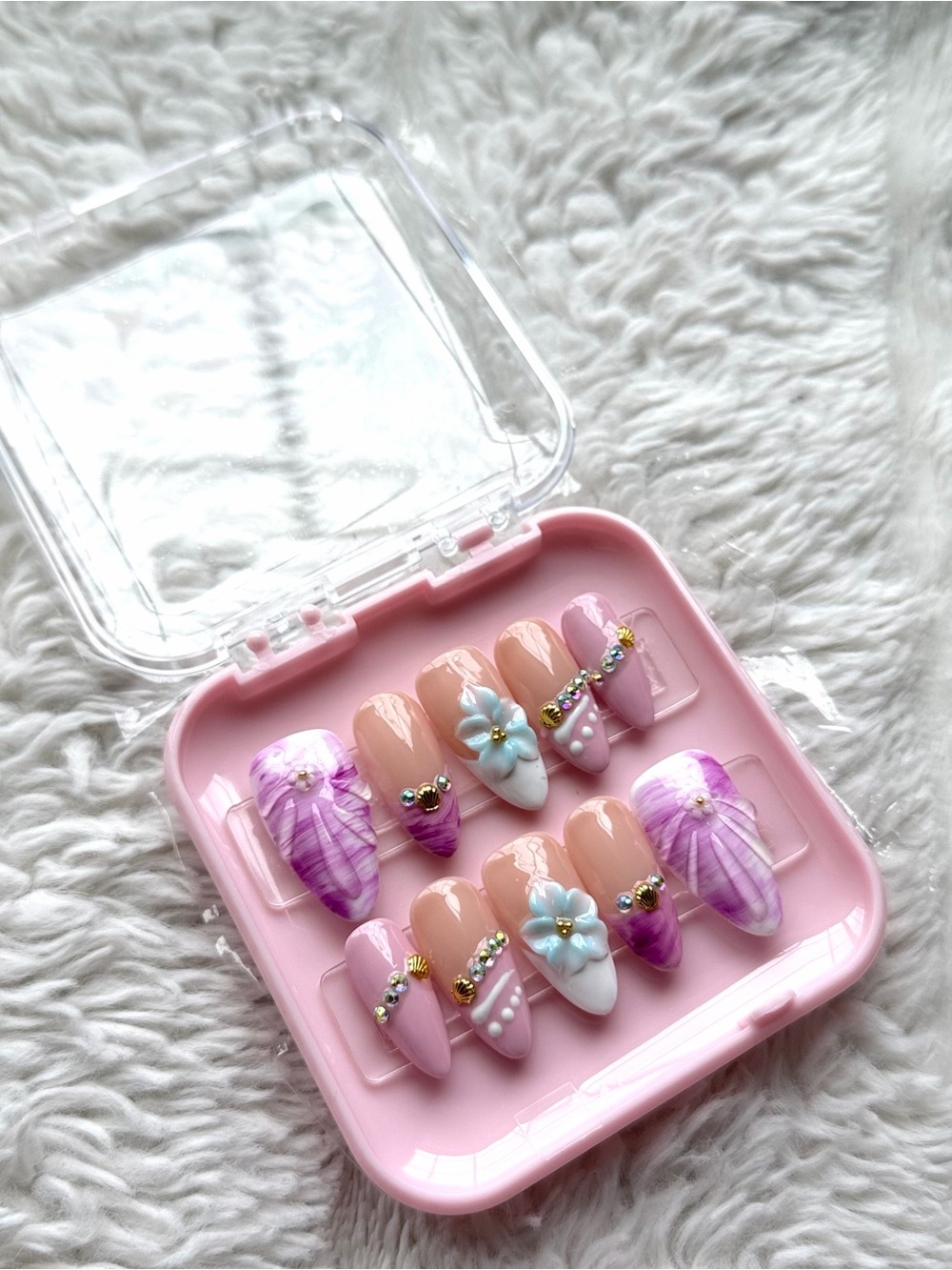 LARGE Handmade Pink & Purple 3D Floral Press-On Nails
